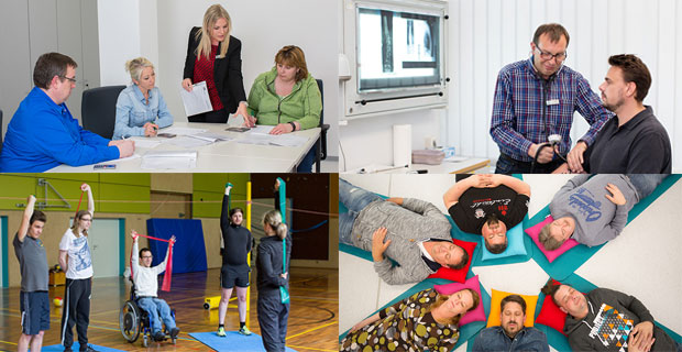 Collage aus vier Bildern: sie zeigen Gruppenangebote, eine ärztliche Behandlung, gemeinsame Fitness- und Entspannungsübungen