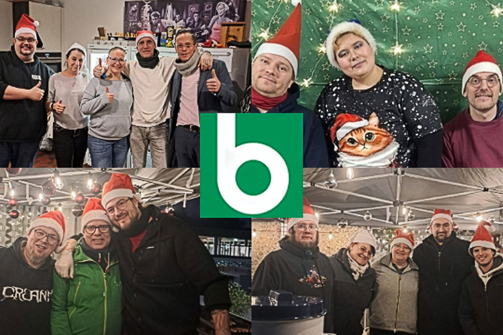 Bild-Collage mit vier Gruppenfotos vom Weihnachtsevent. Die gut gelaunten Teilnehmenden tragen Weihnachtsmützen.